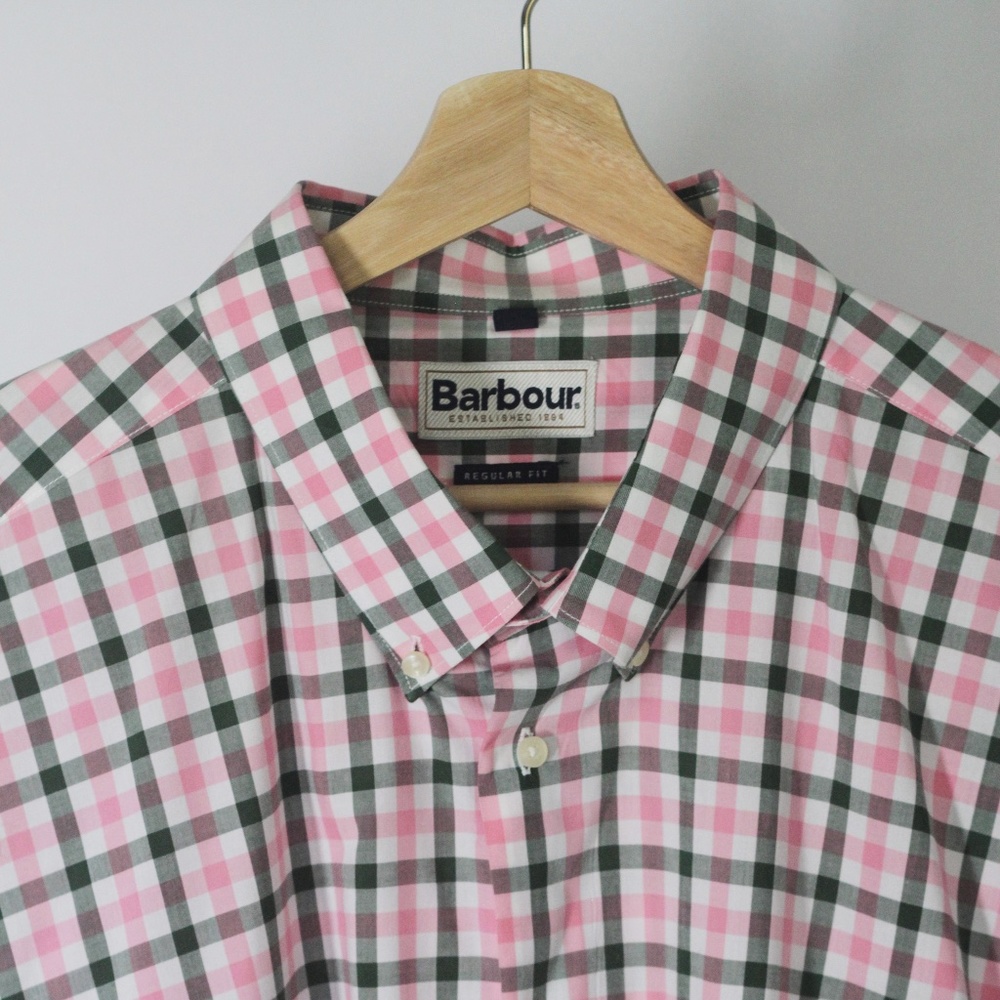 Barbour Men's Long-Sleeve Pink & Green Gingham Button Down Shirt